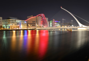 The Dublin skyline at night.