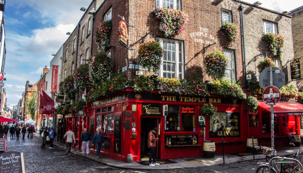 The Temple Bar district to visit during a trip to Dublin.