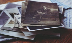 Old documents and greyscale photos. 