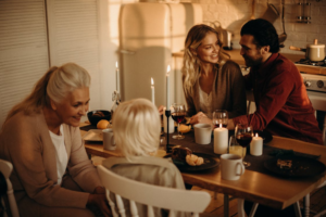 A family with Irish heritage sitting on a dinner table