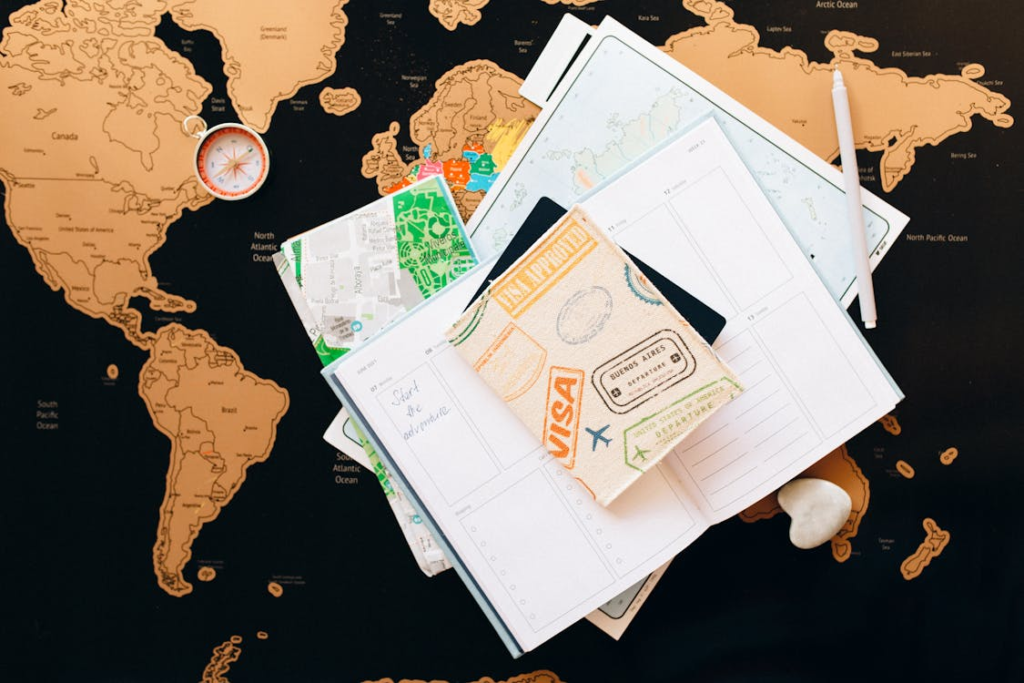 A visa and documents on a world map