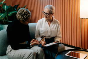 A person talking to a genealogist