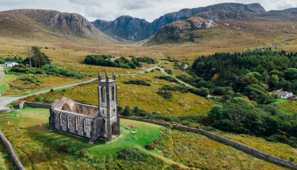 A church among sprawling green landscape in Ireland