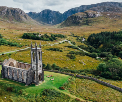 A church among sprawling green landscape in Ireland