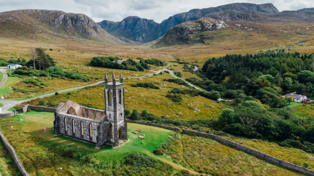 A church among sprawling green landscape in Ireland