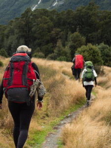 three hikers on a hike.