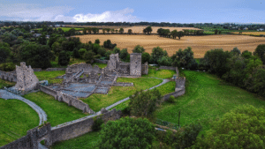 an aerial view of a historical site in Ireland.