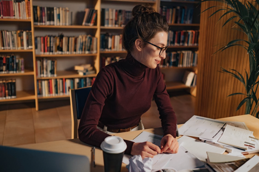 a woman sitting at the library.